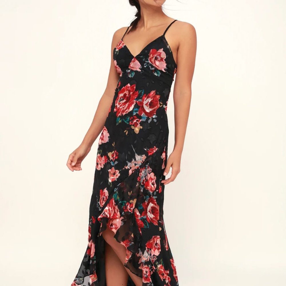 Love Stuck Black Floral Print Ruffled Maxi Dress